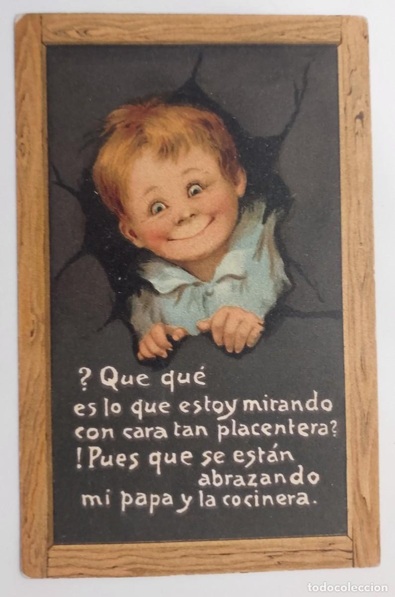 Postales: POSTAL VINTAGE ANTIGUA HUMOR NI&Ntilde;O RAZA BLANCA SOBRE PAPA Y COCINERA. SIN CIRCULAR. CT MADRID