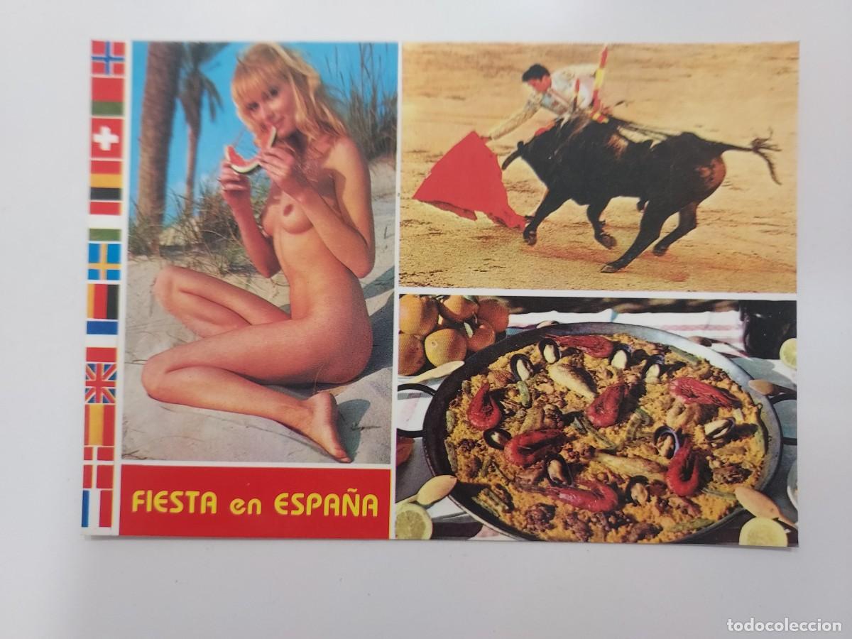 Postales: POSTAL FIESTA EN ESPA&Ntilde;A. PAELLA, TOROS, TURISTA TOPLESS. SIN CIRCULAR