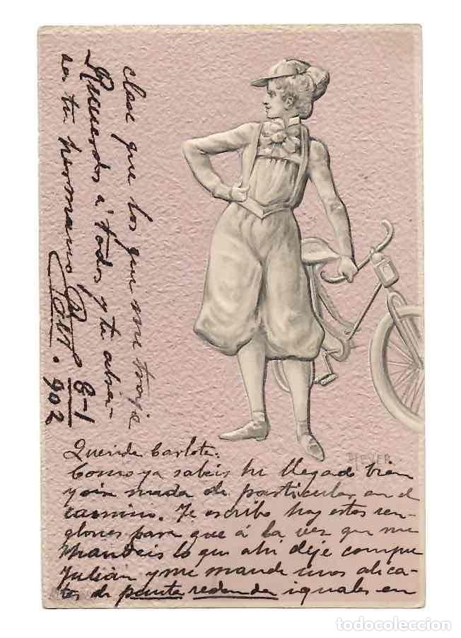 Postales: TARJETA POSTAL CON ESCENA EN RELIEVE CON BICICLETA. CIRCULADA A CARTAGENA, A&Ntilde;O 1902