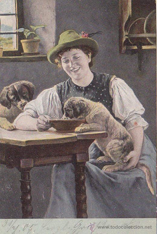 Postales: Postal antigua , mujer , perro , moda, folclore, 2 - Foto 1