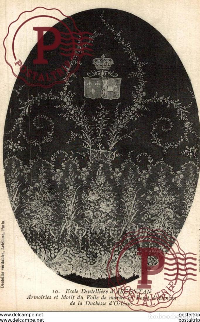 Postales: ECOLE DENTELLIERE DARGENTAN ARMOIRIES ET MOTIF DU VOILE DE MARIEE EN PONT DALEN&Ccedil;ON DE LA DUCHESSE