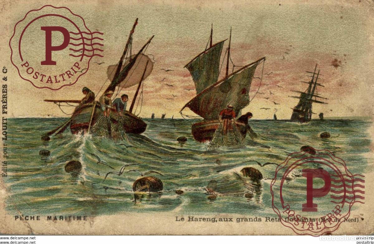 Postales: TRES RARE ETAT PECHE MARITIME LE HARENG AUX GRANDS RETS FLOTTANTS MER DU NORD PUBLI CHOCOLAT LO