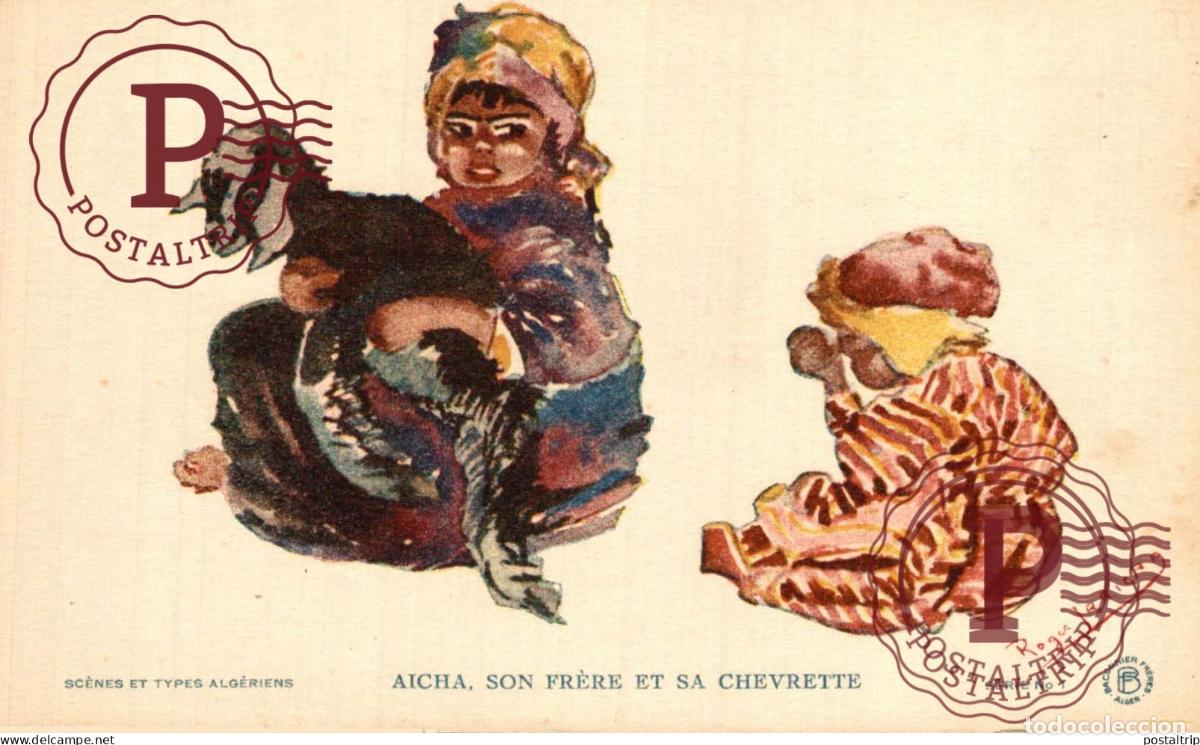 Postales: SCENES ET TYPES ALGERIENS. Aicha Son frere et sa chevrette Chevre. ROGER IRRIERA
