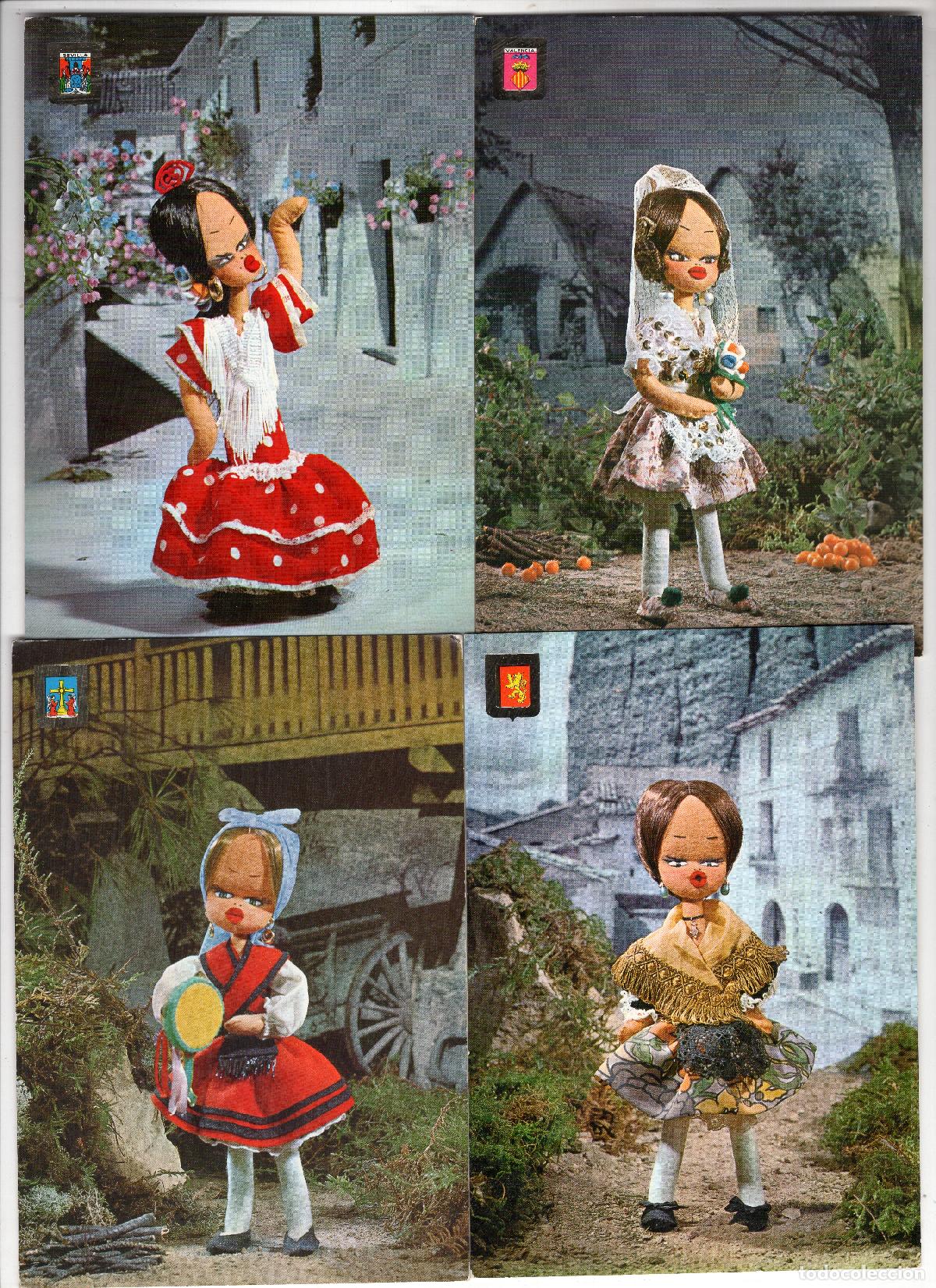 Postales: Lote de 4 postales &rdquo;Mu&ntilde;ecas con Trajes T&iacute;picos Regionales&rdquo; -Escudo de Oro-