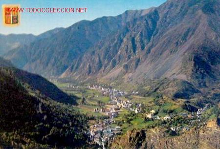 Postales: Postal Andorra Valls Les Escaldes y Andorra la Vella Comercial Escudo Oro sin circular