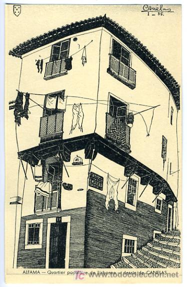 Cartoline: ALFAMA, PORTUGAL, QUARTIERE POPULAIRE DE LISBONNE, DESSIN DE CANELAS, ILUSTRADA,     P27955
