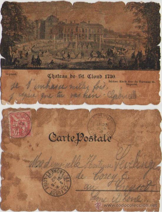 Postales: POSTAL FRANCESA DE 1923, MARCAS DE SAONE ET LOIRE, LE CREUSOT Y ST CLOUD. IMAGEN DE CHATEU DE ST CLU