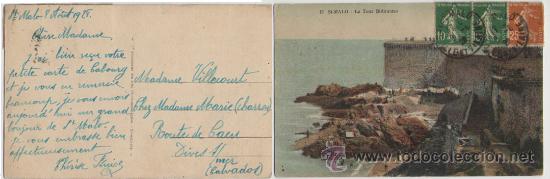 Postales: POSTAL FRANCESA DE 1928, CIRCULADA, ST. MALO, LA TOUR BIDOUANE. Franqueo de tres sellos de Ceres de