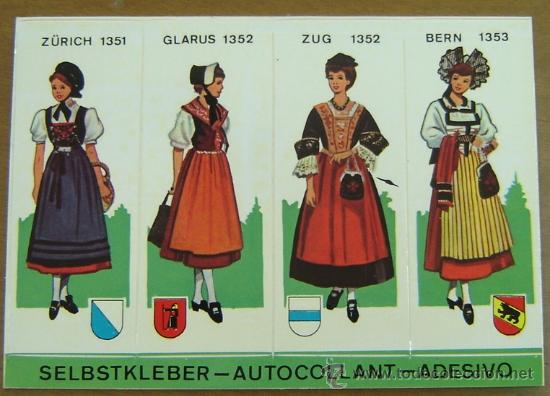 Postales: POSTAL PEGATINA ADHESIVO TRAJES REGIONALES SUISSE - SUIZA a&ntilde;os 80s - original sin despegar