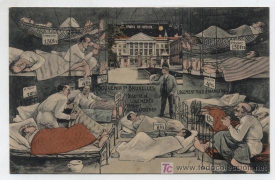 Postales: Souvenir de Bruxelles.- Postal c&oacute;mica. Disette de longements pendant l&acute;Exposition (de 1910)