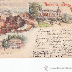 Postales: BAGNERES DE BIGORRE 1899: EL CASINO, LAS TERMAS, EL OBSERVATORIO. POSTAL B. SIRVEN CIRCULADA A ASCH.