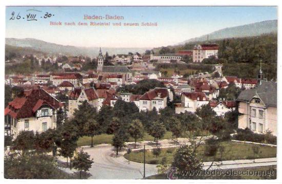 Cartoline: TARJETA POSTAL. ALEMANIA. BADEN-BADEN. BLICK NACH DEM RHEINTAL UND NEUEM SCHLOB. TRINK & CO.