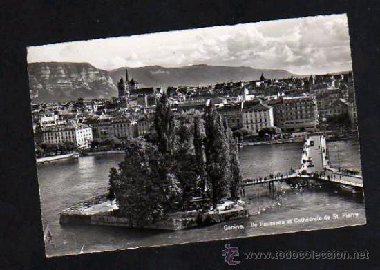 Postales: SUIZA - GINEBRA - ISLA ROUSSEAU Y CATEDRAL DE ST.PERRE, ED.G.D'AGUANO 215 - CIRCULADA 1963