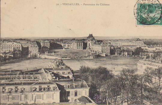 Postkarten: Versailles.- Panorama du Chateau. Franqueado en Versailles en 1908.