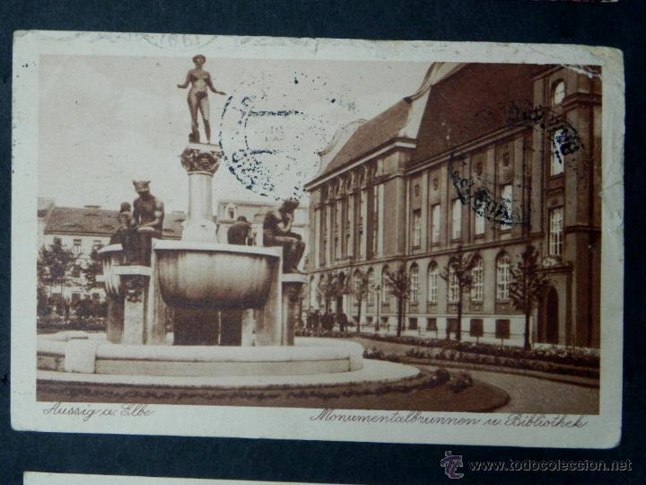 Postais: antigua postal, aussig, fuente monumento y biblioteca, circulada
