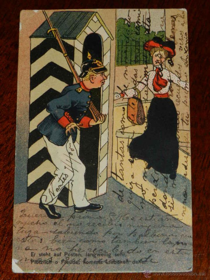 Postcards: antigua postal, er steht auf Posten, langweilig sehr, Pl&ouml;tzlich o Freude kommts Liebonen daher, &eacute;l e