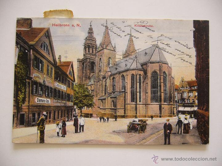 Postkarten: Postal Kilianckirche. Heilbronn. Vista de una calle y su gente. Circulada 1910.