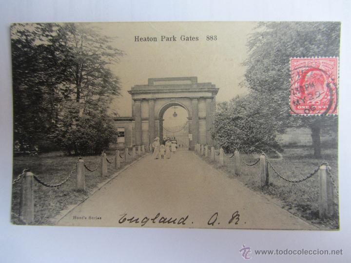 Postales: Postal antigua Gran Breta&ntilde;a. Heaton Park Gates. Hunts Series Circulada 1906. Post Card