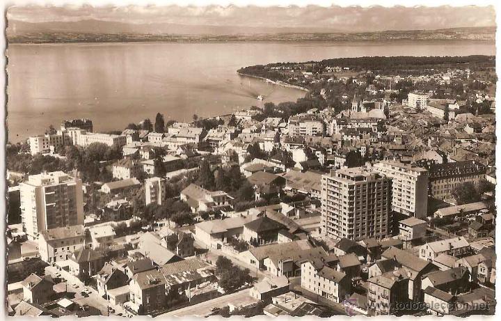 Postales: THONON LES BAINS, HAUTE SAVOIE (FRANCIA), VISTA GENERAL A&Eacute;REA - EDITIONS J.CELLARD - ESCRITA