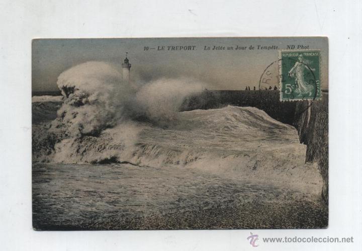 Postais: Le Treport.- La Jet&eacute;e un Jour de Temp&eacute;te.  Franqueado y fechado en 1913.