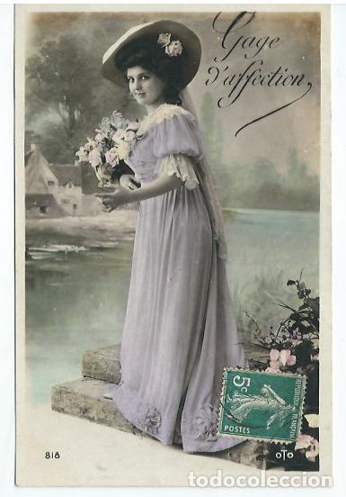 Postais: J180 -ANTIGUA FOTO-POSTAL FRANCESA -UNA DAMA EN EL BOSQUE -CIRCULADA EN 1908 -