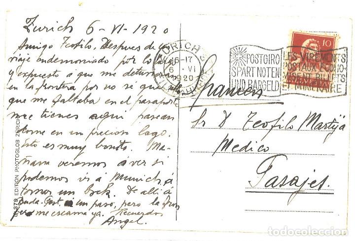 Postales: Zurich. 1920 Dirigida a m&eacute;dico de Pasajes - Foto 2