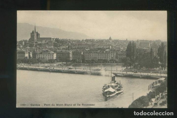 Postales: Suiza. GE. Gen&egrave;ve. *Pont du Mont-Blanc et le Rousseau* Ed. Phototypie Co. n&ordm; 1199. Nueva.