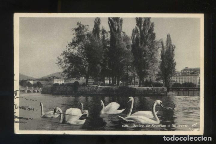 Postales: Suiza. GE. Gen&egrave;ve. *Ile Rousseau...* Ed. Jaeger n&ordm; 6008. Circulada 1950, rodillo *Stations...*