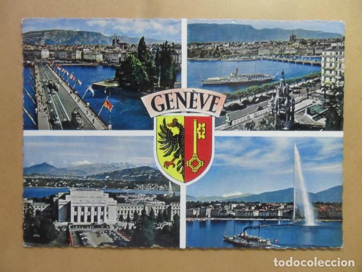 Postales: POSTAL - 576 - GENEVE /GINEBRA  - ILE ROUSSEAU/PALAIS DES NATIONS/MONUMENT BRUNSWICK/JET D'EAU