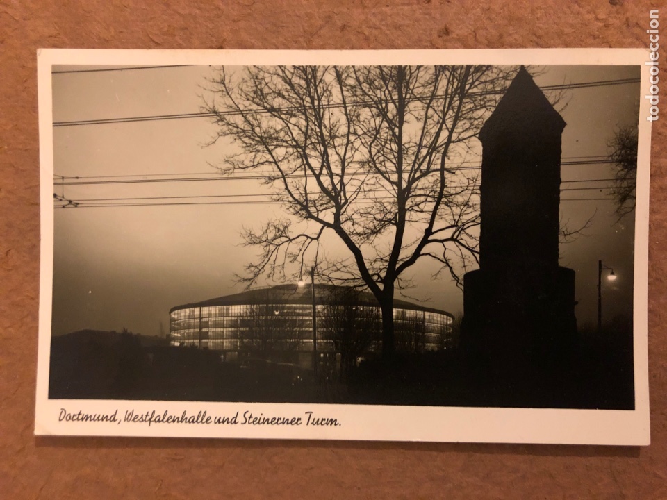 Postais: DORTMUND, WESTFALENHALLE UND STEINERNER TURM. POSTAL CIRCULADA EN 1957. CON SELLO.