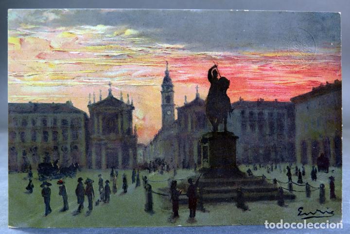 Postales: 5 postales dibujadas Novara Italia Piazza Castello PP & FT escritas 1912 una circulada sello
