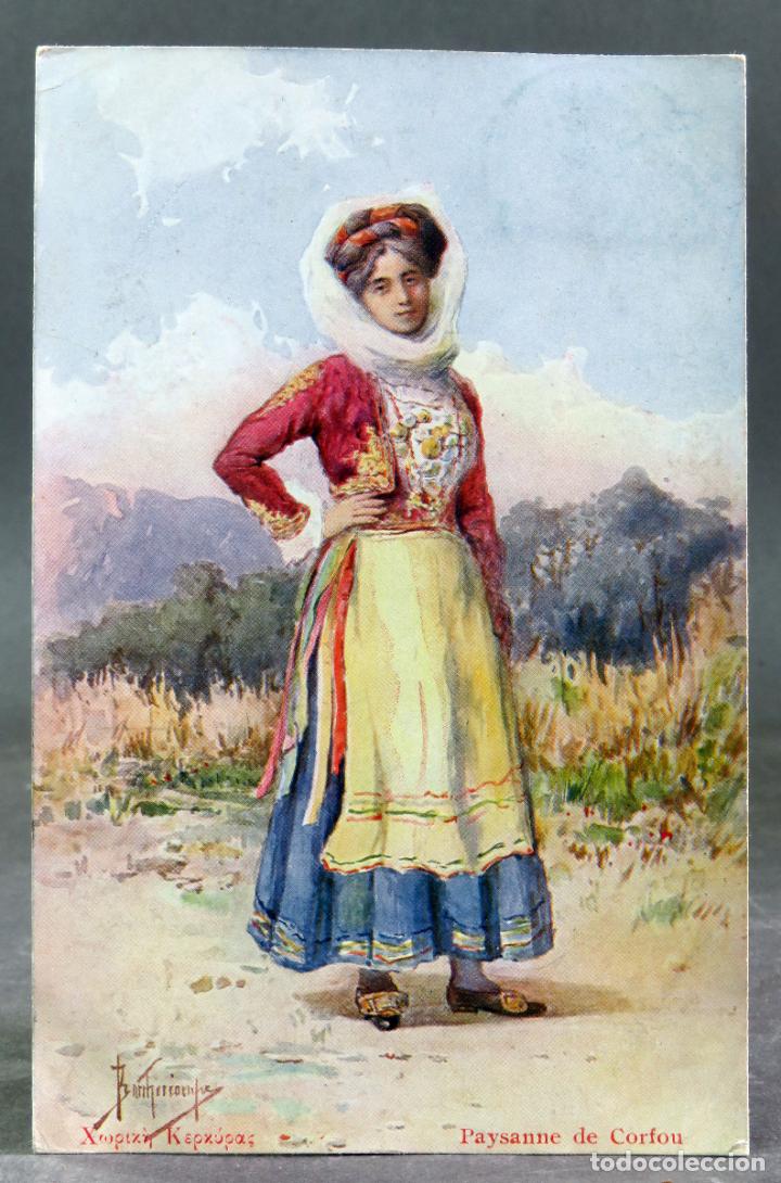 Postales: Postal dibujo Corfou Corfu Grecia Paysanne traje t&iacute;pico circulada sello 1912