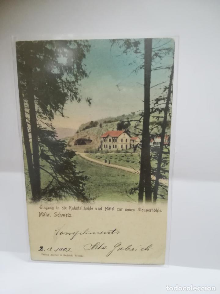 Postkarten: TARJETA POSTAL. SUIZA. M&Auml;HR. SCHWEIZ. EINGANG IN DIE KUHSTALLH&Ouml;HLE UND HOTEL ZUR NEUEN SLOUPERH&Ouml;HLE