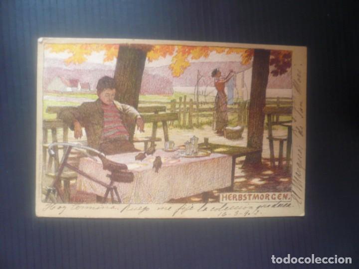 Postales: Lith. Anst.V.Hubert K&ouml;hler M&uuml;nchen-Herbstmorgen/Waldmorgen/Morenspaziergang/Herbstabend.