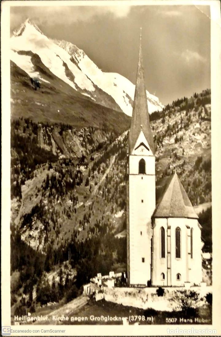 Postkarten: Heiligenblut (Austria). Iglesia y monte Grobglockner.Usada. Blanco/Negro