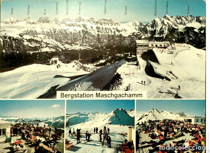Postales: Flumserberge (Suiza). Picos y estaci&oacute;n de esqu&iacute;. Usada con sello. Color