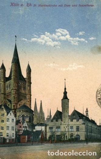 Postkarten: K&oacute;lonia. Rh. St. Martinskirche mit Dom und Stapelhaus. Circulada a Almer&iacute;a 1932. Sello de Salmer&oacute;n