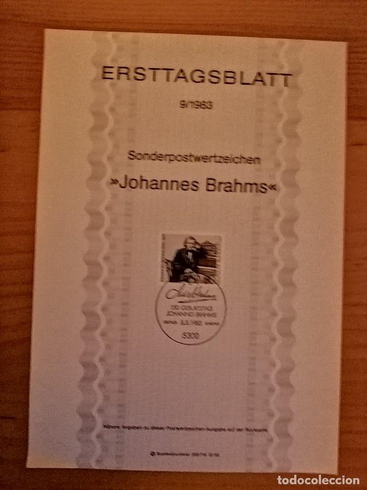 Postales: HOJA PRIMER D&Iacute;A 9/1983 - JOHANNES BRAHMS - M&Aacute;S EXPLICACI&Oacute;N AL DORSO - ALEMANIA
