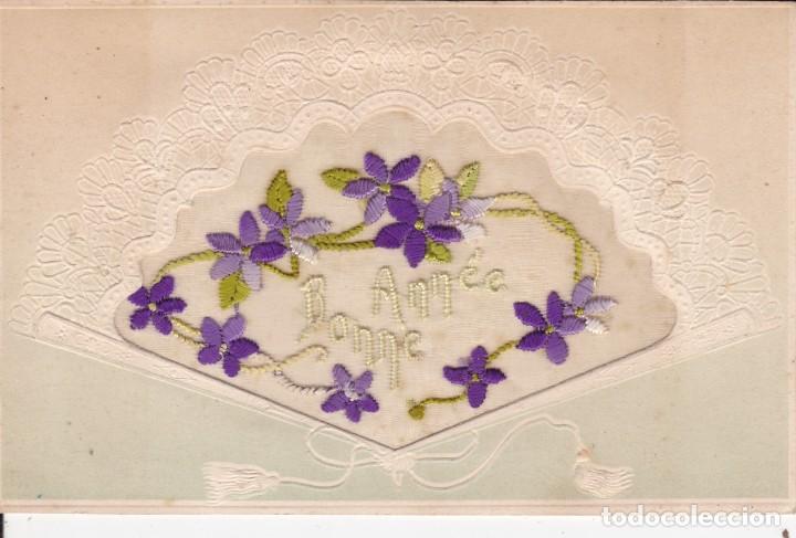 Postales: postal felicitaci&oacute;n Bonne Ann&eacute;e Francia principios siglo XX Abanico bordado