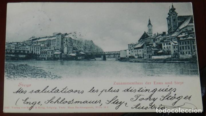 Postais: POSTAL DE STEYR, AUSTRIA, ZUSAMMENFLUSS DER ENNS UND STEYR, ED. VERLAG VON REGEL, CIRCULADA, REVERSO