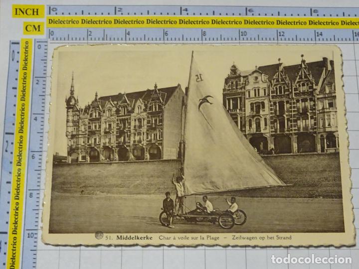 Postkarten: ANTIGUA POSTAL DE B&Eacute;LGICA. MIDDELKERKE NI&Ntilde;OS EN COCHE A VELA EN LA PLAYA. 271