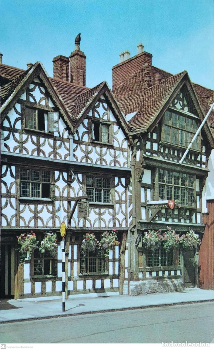 Postales: Stratford-Upon-Avon (Reino Unido). Pub Garrick Inn y Casa Harvard. Usada con sello. Color