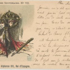 Postales: ALFONSO XIII. MUSÉE LES SOUVERAINS. RARA POSTAL SATÍRICA FRANCESA EDITADA EN 1898. CIRCULADA EN 1899