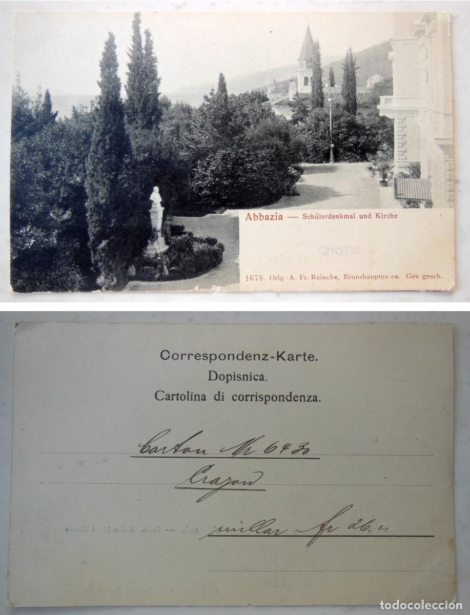 Postais: ABBAZIA. Sch&uuml;lerdenkmal und Kirche. Croacia