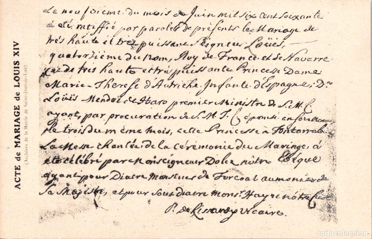 Postales: Francia - Acte de Mariage de Louis XIV (Mairie de Saint jean de Luz) - Postal sin datos - 137x88mm