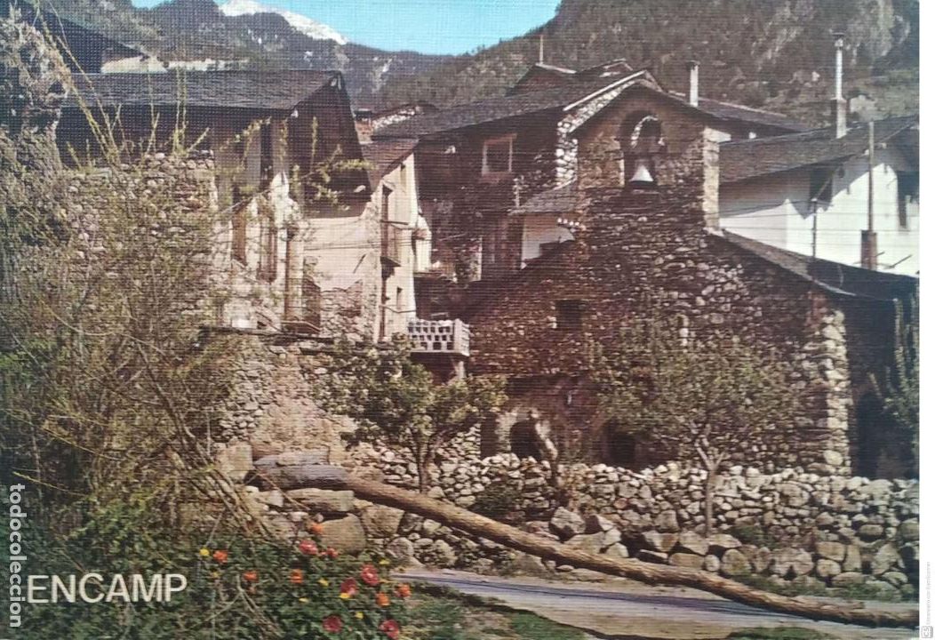 Postales: Valls d'Andorra. 158 Encamp. Rinc&oacute;n t&iacute;pico e Iglesia de San Miguel. Escudo de Oro. Nueva. Color