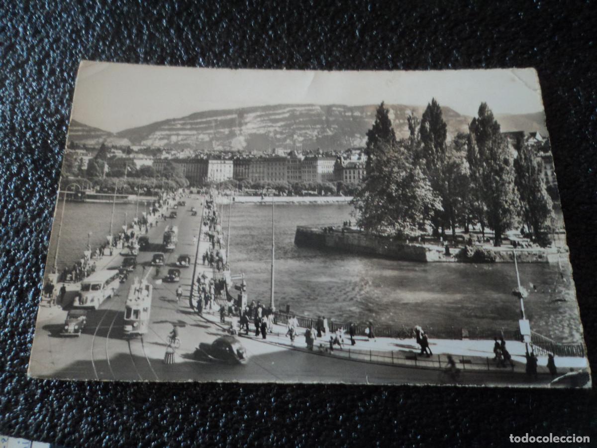 Postales: GENEVE L&acute;ILLE ROUSSEAU ET PONT DU MONT- BLANC, ed. jaeger, circulada 1957