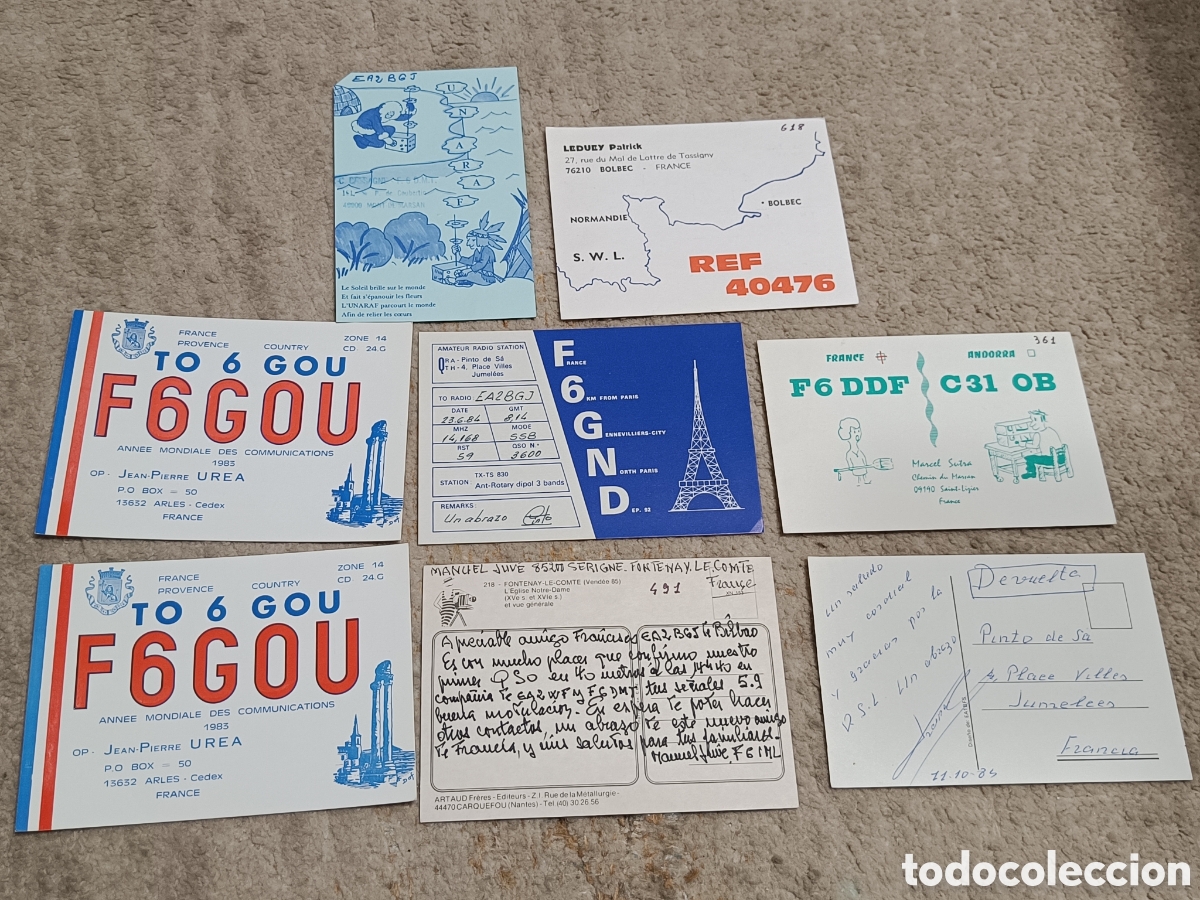 Cartes Postales: Francia lote 8 tarjetas radioaficionado QSL a&ntilde;os 80 Bolbec Saint Lizier Arles Fontenay le Comte