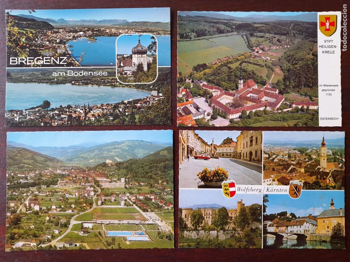 Postcards: Una postal rio Rin en Bregenz, monasterio de heiligenkreuz y Wolfsberg, Austria 4 tarjetas a elegir