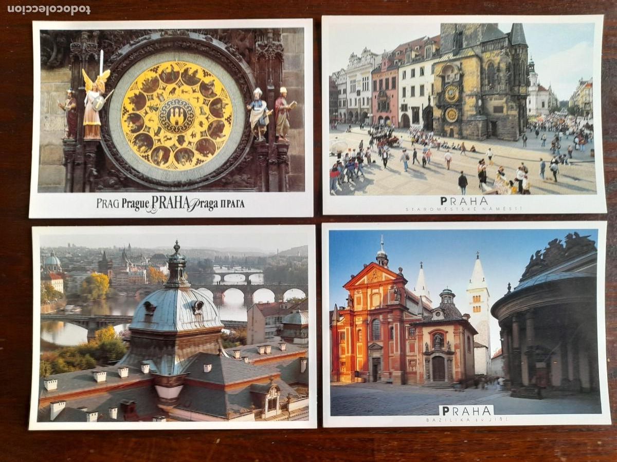 Cartes Postales: Una postal reloj astron&oacute;mico Praga rio Moldava, bas&iacute;lica S Jorge Republica Checa 4 tarjetas a elegir